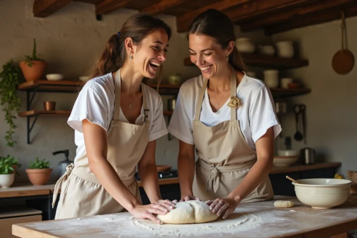 Deux femmes participant à un cours de cuisine traditionnel dans une ferme italienne rustique pendant un voyage gastronomique
