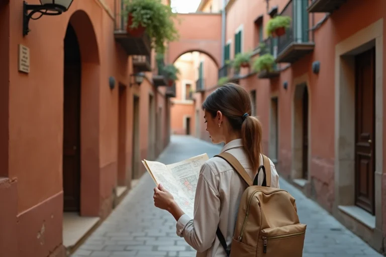 Femme consultant une carte dans une ruelle pavée d'une vieille ville européenne lors d'un voyage culturel
