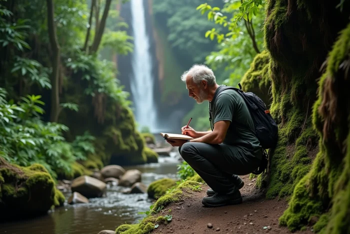 Randonneur prenant des notes dans un carnet au bord d'un sentier de jungle tropicale lors d'une activité de plein air