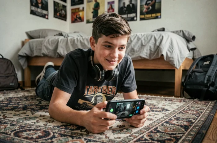 Adolescent résolvant une énigme du jeu Rooms and Exits sur son smartphone dans sa chambre