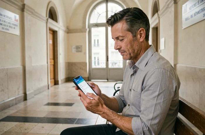 Agent municipal parisien réalisant ses démarches administratives sur Mon IntraParis depuis son smartphone dans un couloir de bâtiment officiel