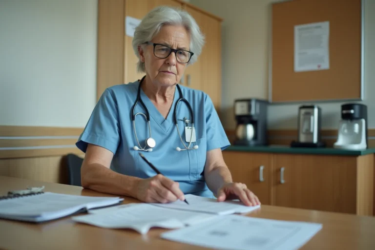 Aide-soignante française en fin de carrière consultant ses documents de retraite dans la salle de repos d'un hôpital