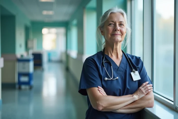 Aide-soignante senior en uniforme médical dans un couloir d'hôpital réfléchissant à sa retraite prochaine