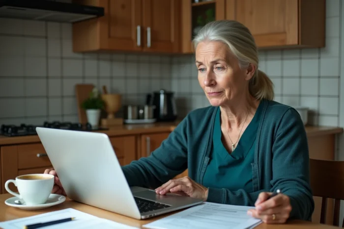 Aide-soignante calculant le montant de sa retraite sur un site de simulation pension à son domicile