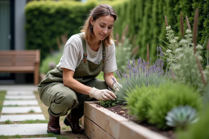 Femme aménageant un jardin moderne avec des plantes tendance dans un massif en bois surélevé