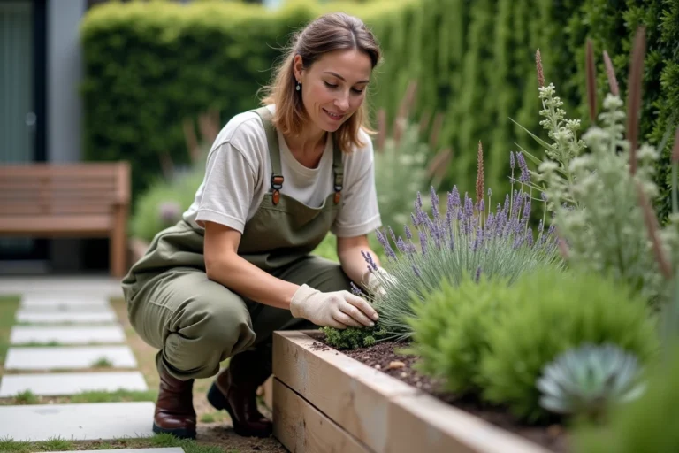 Femme aménageant un jardin moderne avec des plantes tendance dans un massif en bois surélevé