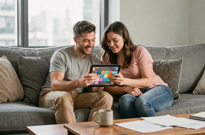 Deux amis cherchant ensemble des astuces pour résoudre les niveaux de Rooms and Exits sur tablette