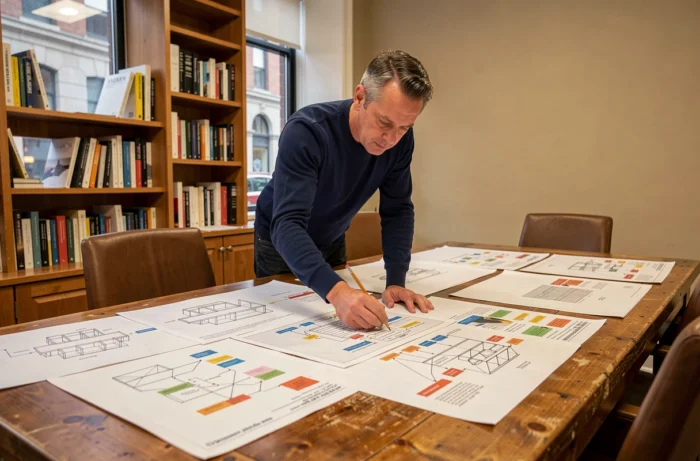 Homme analysant un plan de navigation de site web avec des diagrammes imprimés sur une table de réunion
