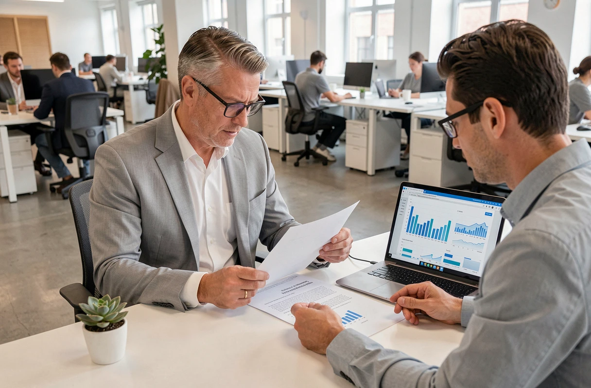 Un homme d'affaires analysant une proposition de partenariat commercial sur son bureau dans un espace de coworking