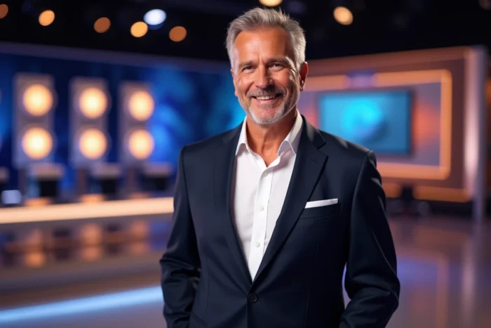 Animateur de télévision français souriant dans un studio de jeu télévisé moderne, illustrant les revenus d'une star du petit écran