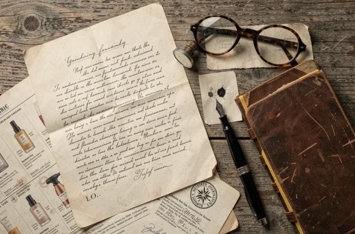 Plat posé d'archives historiques d'une marque de cosmétiques avec logo vintage, documents manuscrits et catalogue de produits anciens