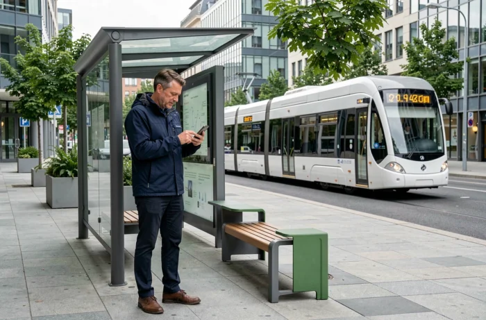 Homme consultant son téléphone à un arrêt de bus électrique moderne en centre-ville, avec un tramway électrique passant en arrière-plan, symbole des transports en commun durables