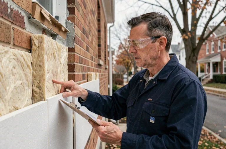 Artisan en veste de travail inspectant des panneaux d'isolation thermique sur la façade d'une maison résidentielle lors de travaux de rénovation énergétique