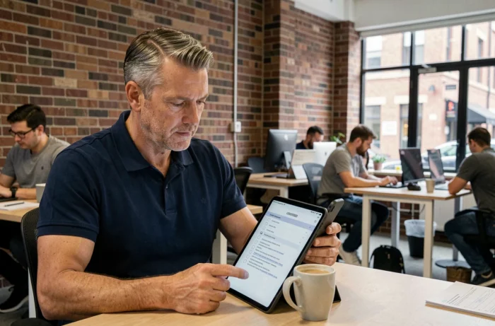Auto-entrepreneur vérifiant ses obligations légales sur internet dans un espace de coworking