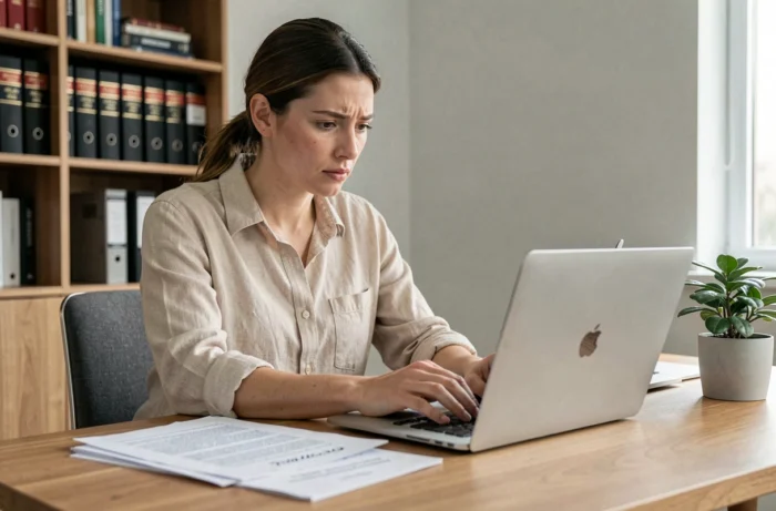 Auto-entrepreneuse consultant ses obligations juridiques en ligne depuis son bureau à domicile