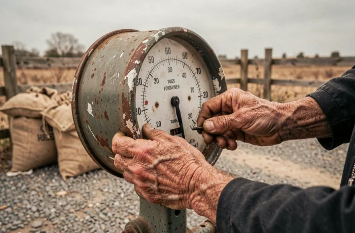 Gros plan de mains manipulant une balance mécanique agricole avec des graduations en kilogrammes et tonnes
