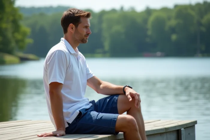 Homme en bermuda en lin bleu marine et polo blanc sur un ponton, look estival pour le 4 juillet