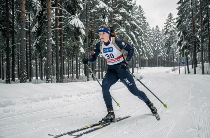 Biathlète féminine en plein effort sur le parcours de ski de fond avec son fusil dans le dos lors d'une course de biathlon