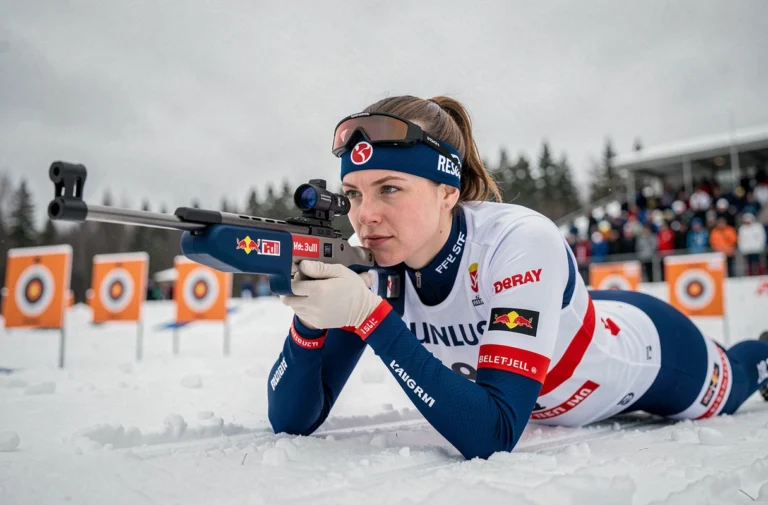 Biathlète féminine en position de tir couché sur le pas de tir enneigé lors d'une compétition officielle de biathlon
