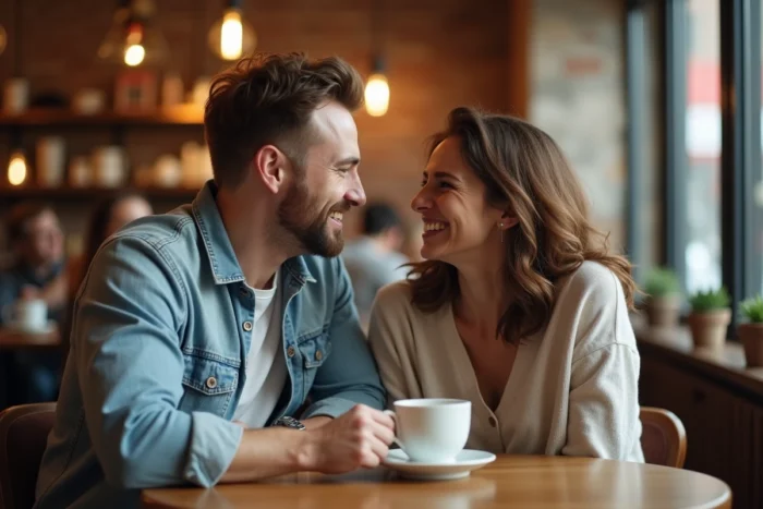 Homme et femme riant ensemble dans un café parisien, évoquant la complicité et la discrétion du couple de l'humoriste Booder