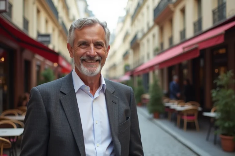 Portrait d'un homme souriant dans une rue parisienne, illustrant un article sur la vie privée et la compagne de l'humoriste Booder