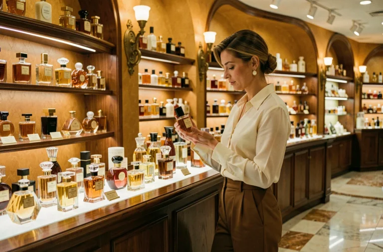Intérieur d'une boutique de parfumerie de luxe vintage des années 1970 avec une vendeuse élégante examinant un flacon de parfum classique