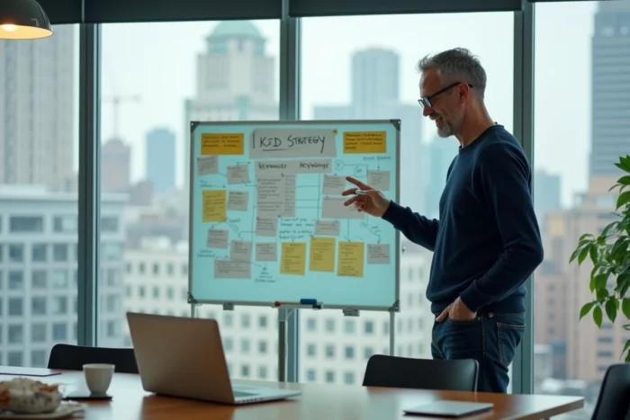 Entrepreneur présentant une stratégie de marketing digital sur un tableau blanc dans une salle de réunion