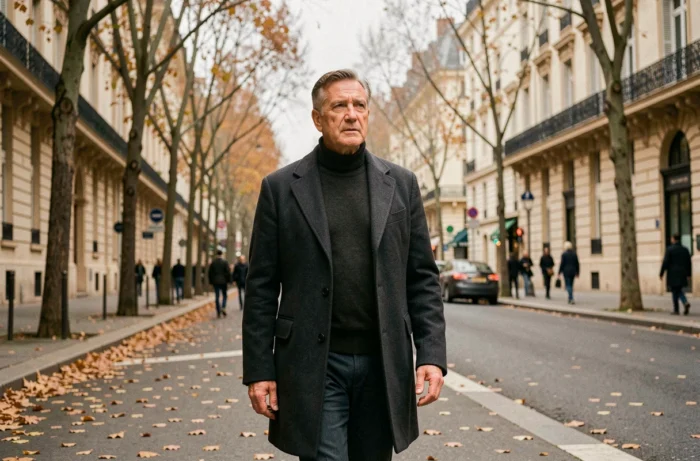 Bruno Pesery marchant dans une avenue parisienne en automne, symbole de son parcours inspirant et de son ambition