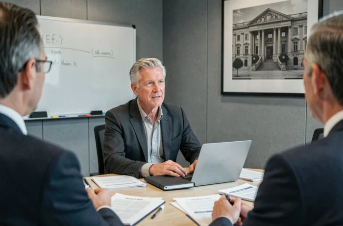Bruno Pesery en réunion professionnelle dans une salle de conférence moderne, illustrant sa carrière de dirigeant