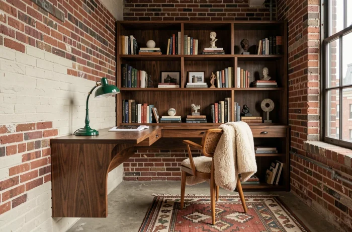 Bureau à domicile tendance avec bureau en noyer, étagères curatées et chaise cannage dans un loft industriel
