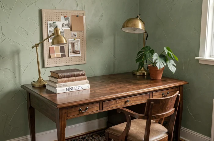 Coin bureau à domicile avec bureau en noyer, lampe en laiton, plante monstera et tableau d'inspiration déco en lin sur mur vert sauge