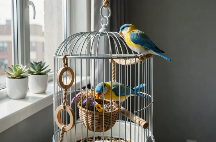Cage d'inséparables bien aménagée avec jouets et paniers de recherche de nourriture pour stimuler les oiseaux et réduire leurs cris