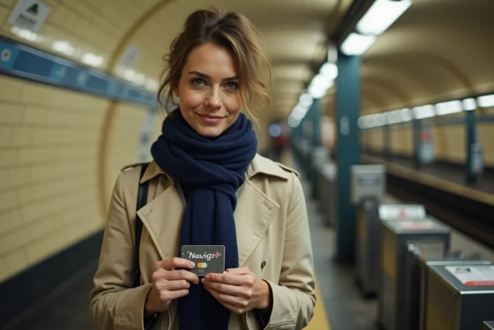 Femme tenant une carte Navigo devant un portillon de métro parisien