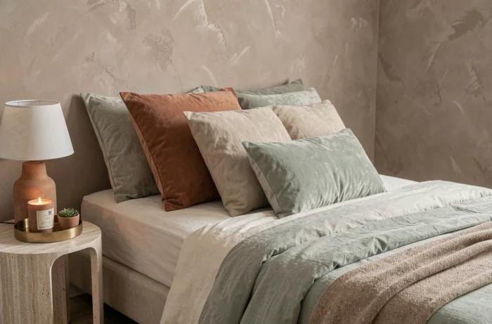 Chambre à coucher tendance avec linge de lit en lin lavé, coussins en velours terracotta et table de nuit en travertin