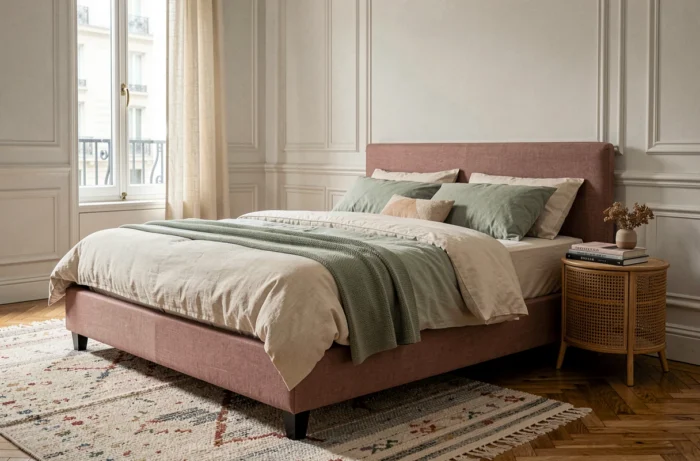 Chambre tendance style parisien avec tête de lit en lin rose poudré et parquet en chevrons