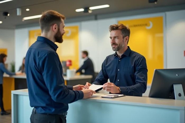 Homme effectuant un changement d'adresse auprès d'un conseiller en agence La Banque Postale