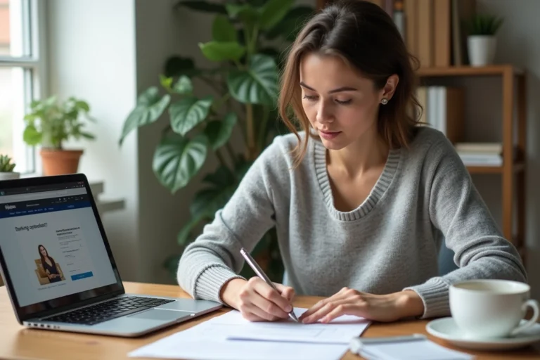 Femme remplissant un formulaire de changement d'adresse pour la Banque Postale à son bureau à domicile