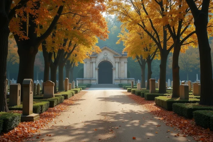 Cimetière de Tours en automne avec allée de pierres tombales et chapelle en arrière-plan