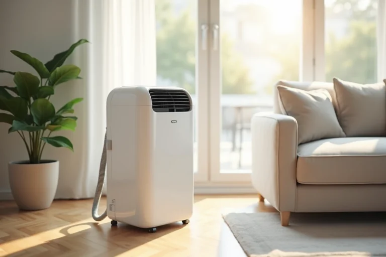 Climatiseur mobile blanc installé près d'une fenêtre dans un salon moderne avec parquet en chêne et plante verte
