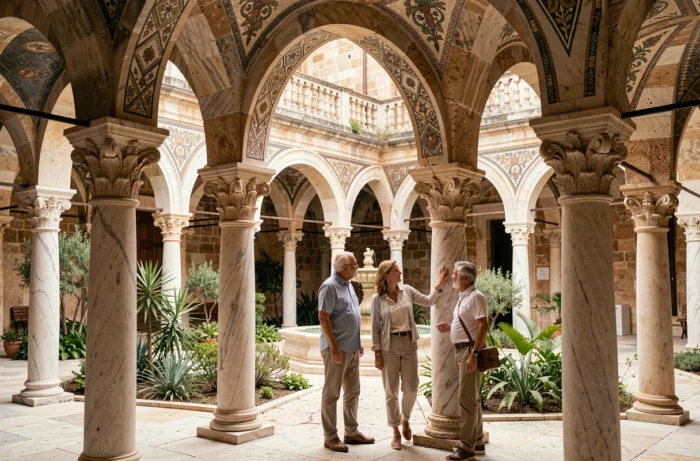 Cloître de la cathédrale de Monreale avec ses colonnes romanes ornées et ses arcades mosaïquées visités par un couple de touristes