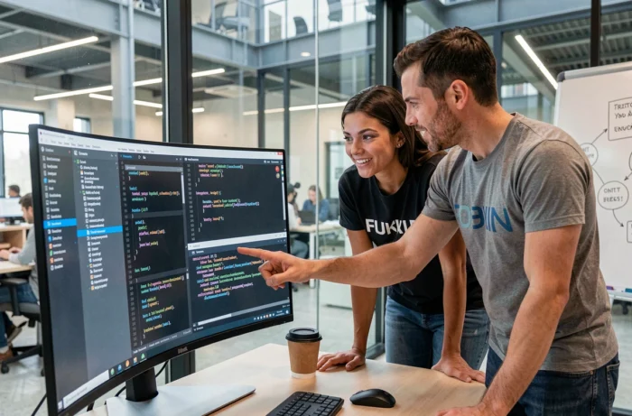 Deux développeurs collaborant sur un IDE dans une salle de réunion vitrée d'une entreprise tech