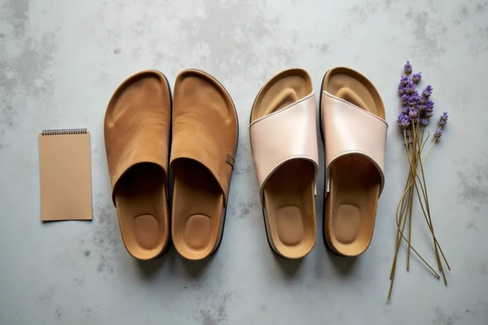Comparaison côte à côte de chaussures Birkenstock et Scholl en vue du dessus sur fond béton gris, style flat-lay éditorial