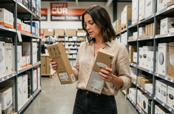 Femme comparant deux luminaires en magasin de bricolage en lisant les symboles de classe 2 et d'indice de protection sur les emballages