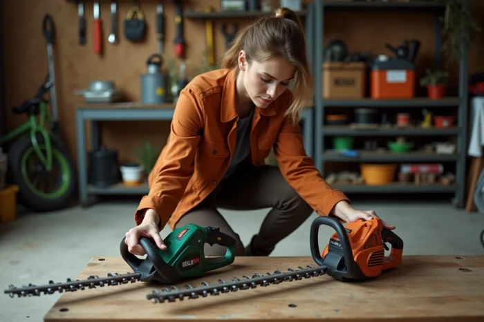 Femme comparant deux modèles de taille-haie dans un atelier de garage pour choisir le meilleur outil de jardinage
