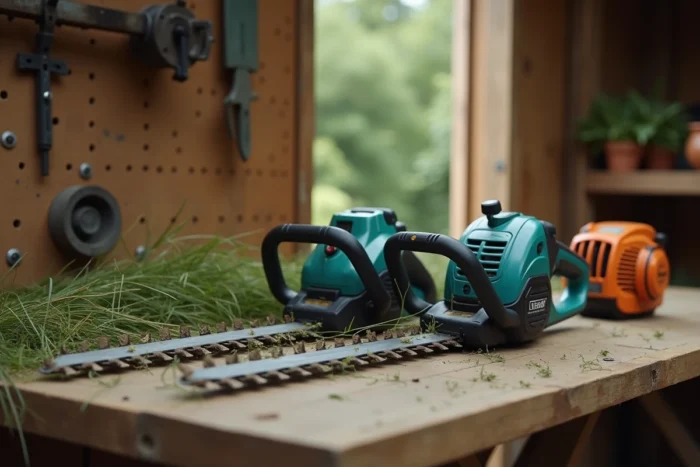Comparaison entre un taille-haie sans fil et un taille-haie thermique posés sur un établi en bois dans un abri de jardin