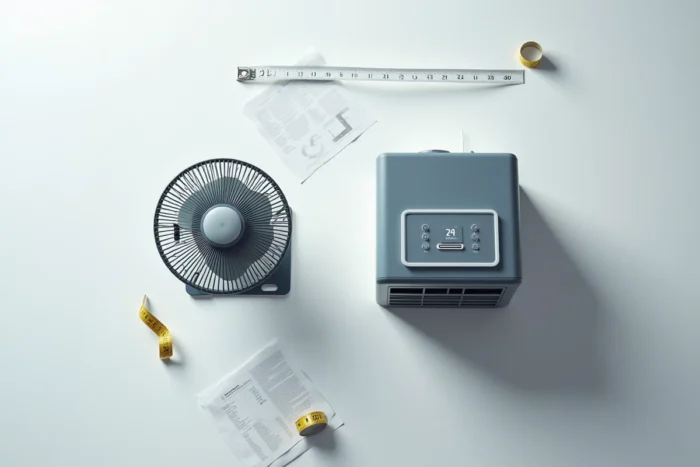 Comparatif côte à côte d'un ventilateur de bureau et d'un panneau de commande de climatiseur mobile sur surface en béton blanc