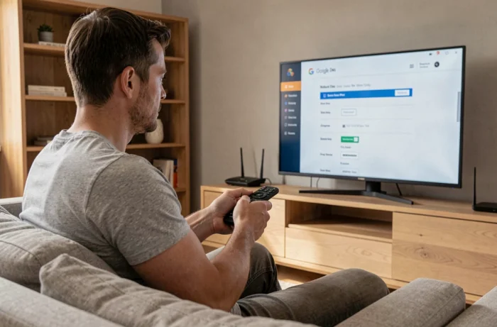 Homme configurant les paramètres DNS Google sur sa Freebox Pop depuis son salon
