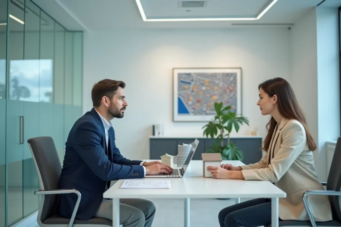 Conseiller immobilier discutant avec une cliente devant un ordinateur portable et une maquette de maison dans une agence moderne