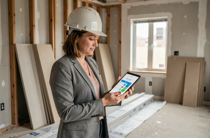 Conseillère en rénovation énergétique analysant les performances thermiques d'un bâtiment sur tablette dans un intérieur en cours de rénovation