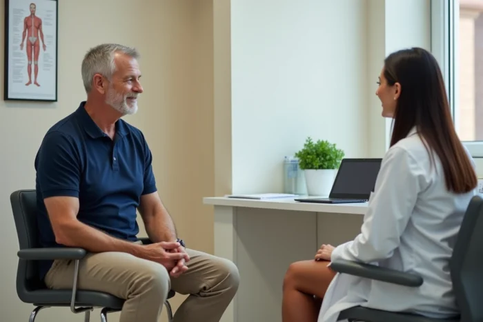 Patient en consultation médicale avec un médecin dans un cabinet moderne, symbolisant l'importance du suivi médical régulier pour la santé